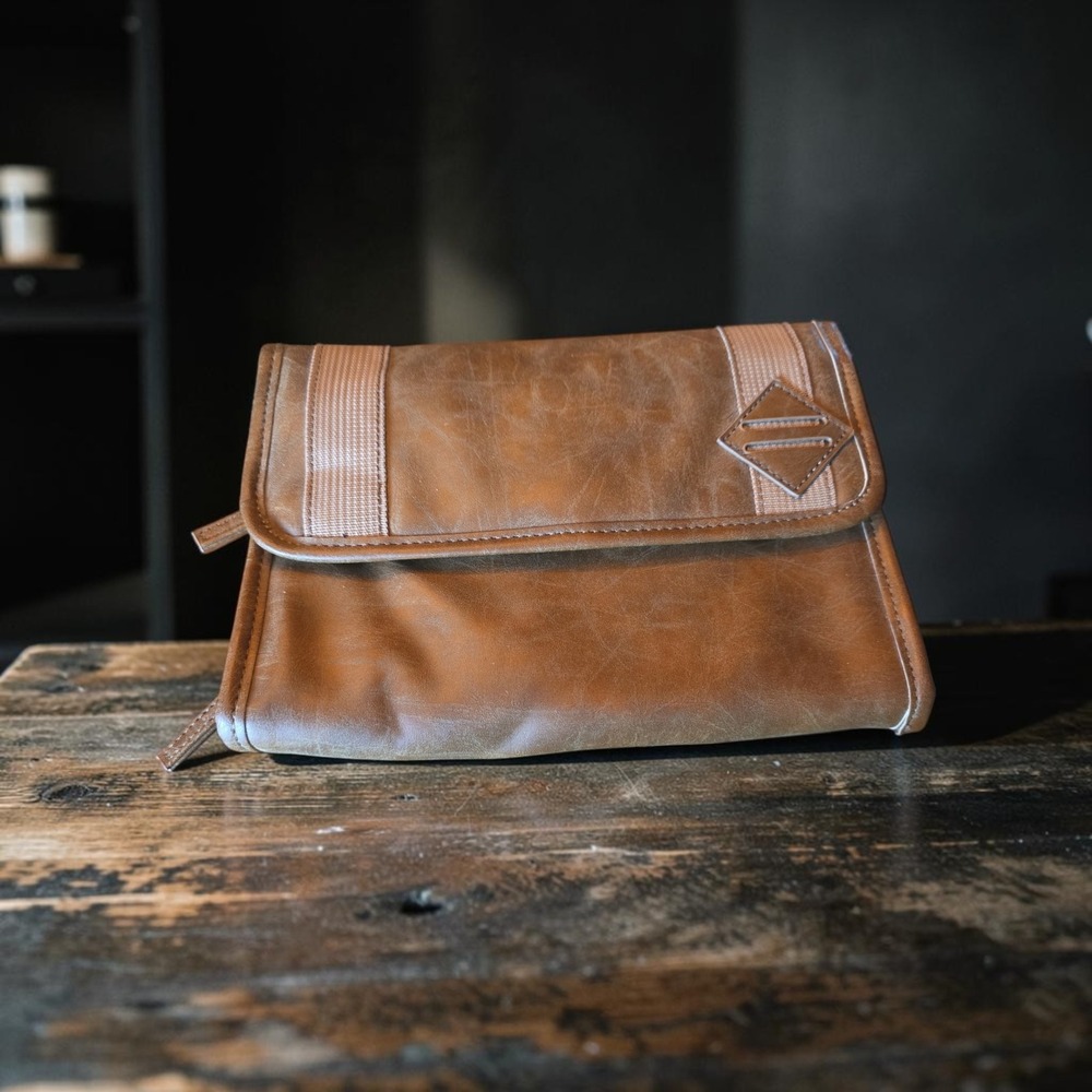Rustic vegan leather tri fold toiletries bag travel bag